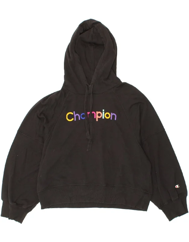 CHAMPION Womens Oversized Graphic Hoodie Jumper UK 14 Medium Black Cotton