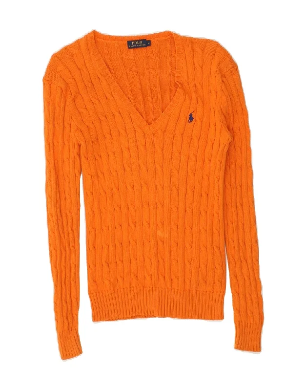 POLO RALPH LAUREN Womens V-Neck Jumper Sweater UK 12 Medium Orange Cotton