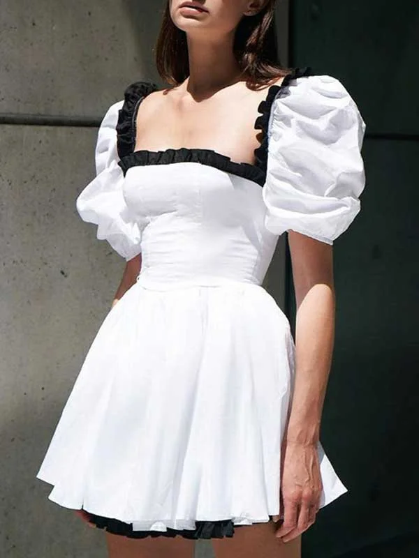 Puff Sleeve Square Neck White Dress