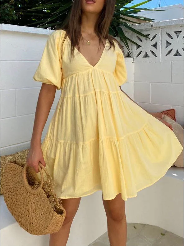 V Neck Puff Sleeve Patchwork Mini Dress