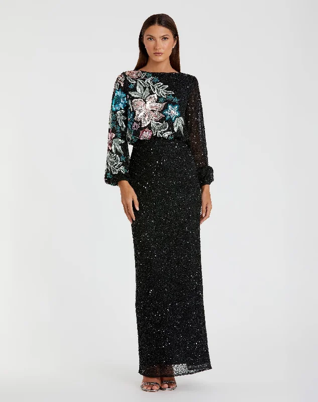 Black Embellished Floral High Neck Gown