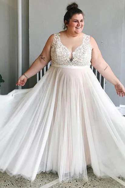 Plus Size Illusion Neck A-line Ivory Wedding Dress with Lace Top