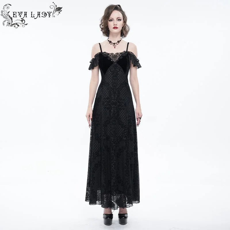 Women's Gothic Off Shoulder Side Slit Floral Lace Wedding Dress