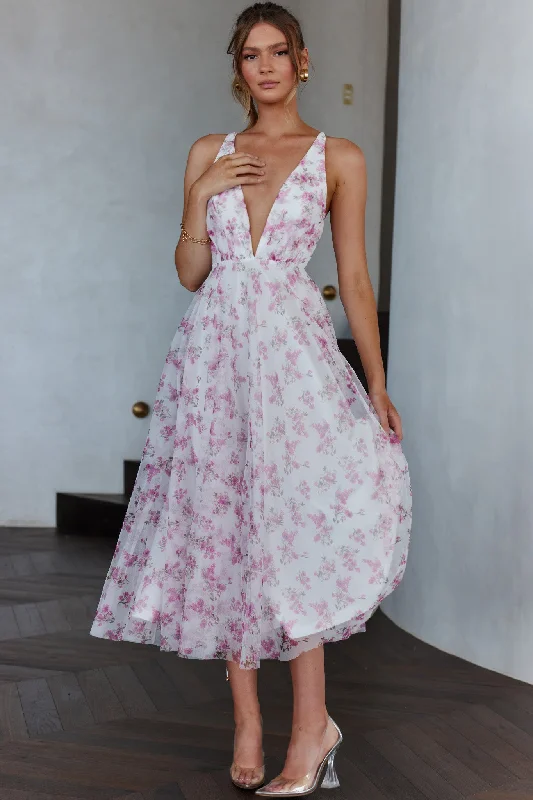 Floating By Plunging Neckline Midi Dress Floral Pink