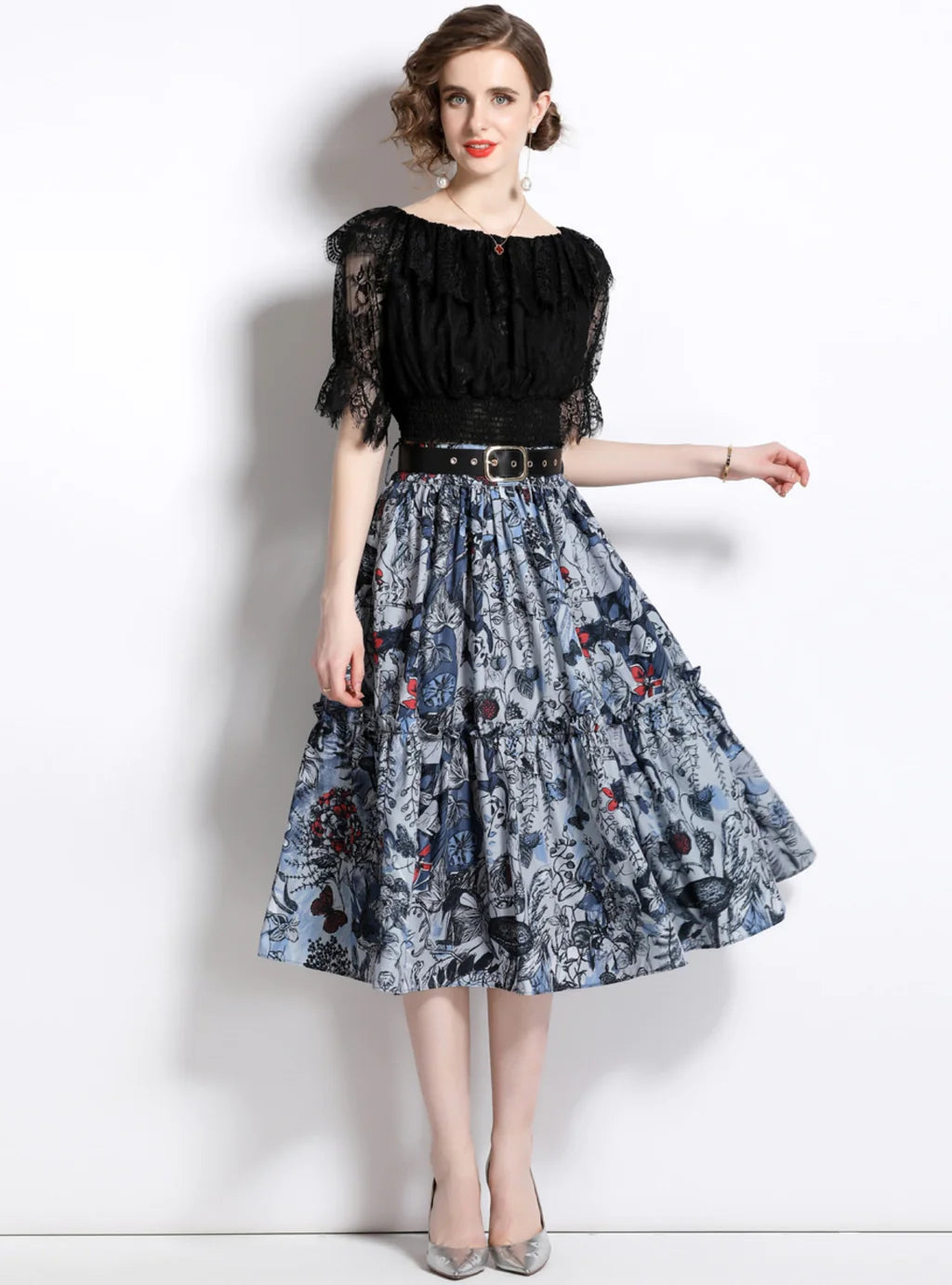 LACE BLOUSE PRINTED SKIRT TWO-PIECE SUIT