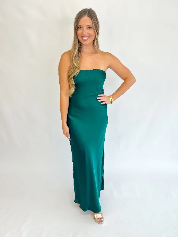 Going Out Strapless Bias Cut Maxi Dress-Hunter Green