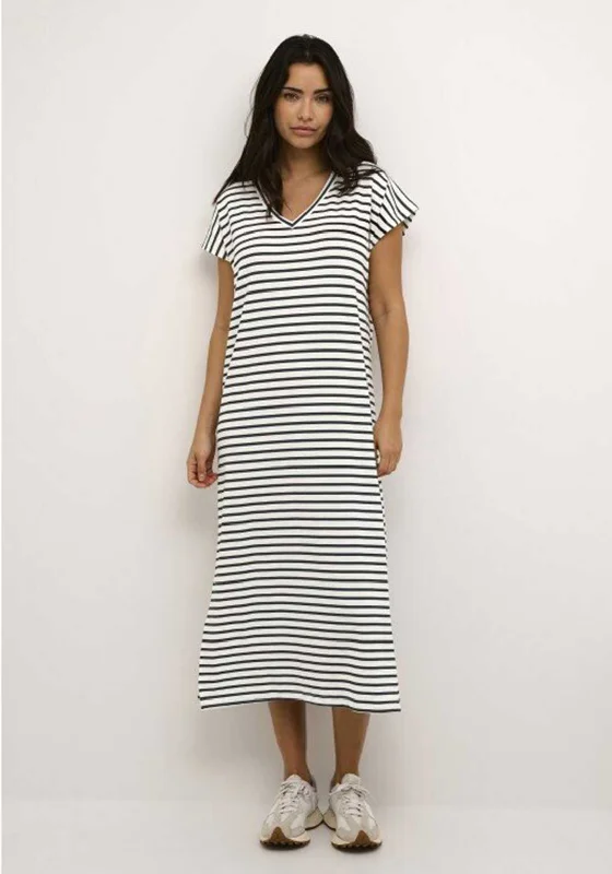 Kaffe Liddy Striped V Neck Long Dress, Chalk & Black