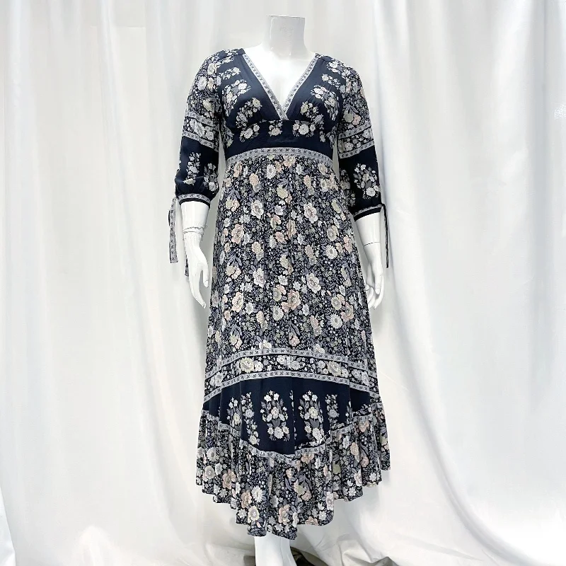 NWT Wmns PAPILLON Muted Floral 3/4 Puff Sleeve Boho Maxi Sun Dress Sz L