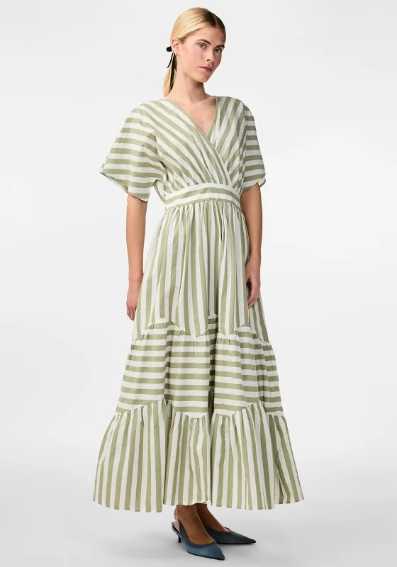 Y.A.S Roos Long Multi Striped Maxi Dress, Star White & Olive Green