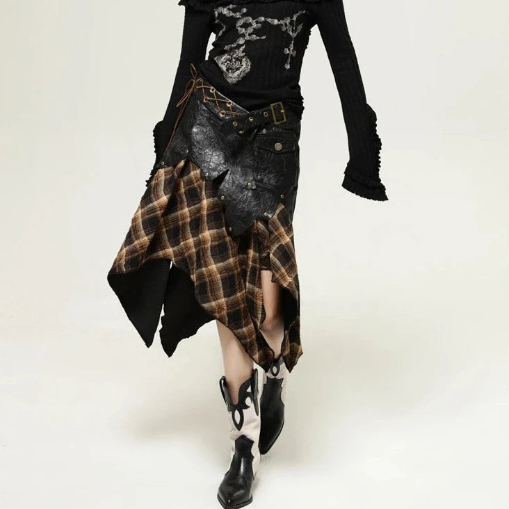 Casual Minimal Goth Asymmetrical Cut Plaid Skirt