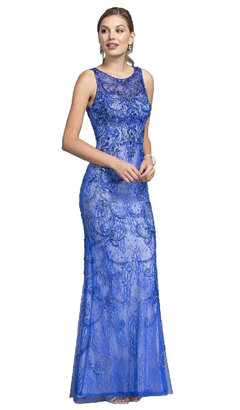 Aspeed Design - Embellished Bateau Neck Sheath Evening Dress