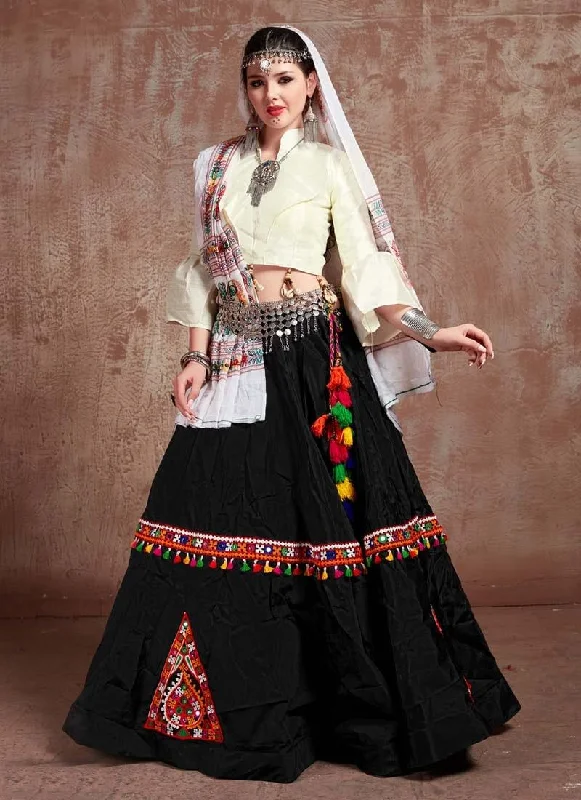 Black And Cream Color Taffeta Silk Base Mirror Work Navratri Special Lehenga Choli