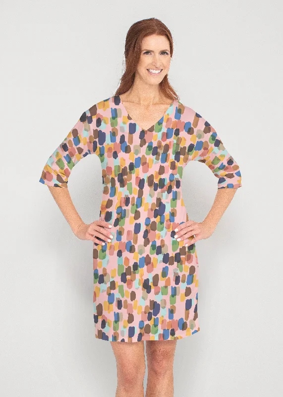 Brushstroke Multi (14293) ~ Drop Shoulder 3/4 Sleeve V-Neck Dress