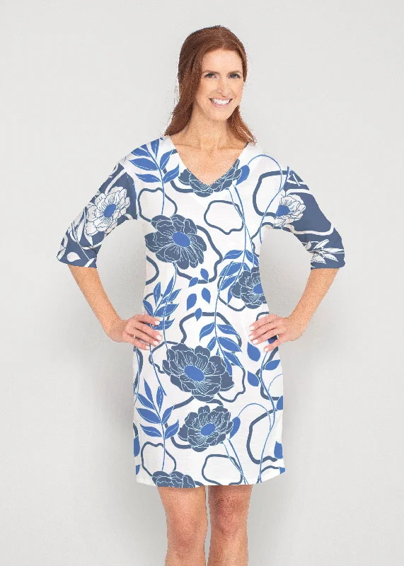 Clarrissa Navy (8138) ~ Drop Shoulder 3/4 Sleeve V-Neck Dress