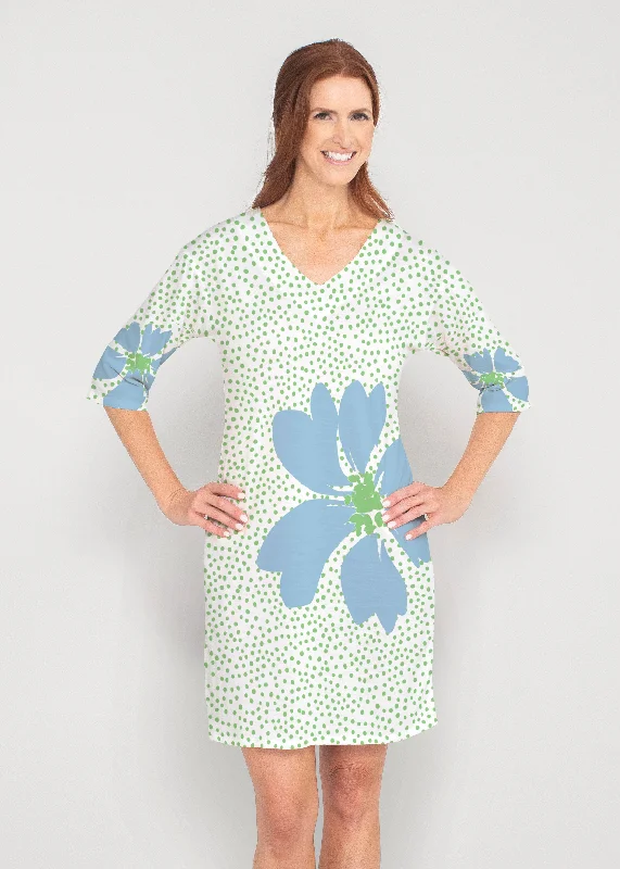 Daisy Dots Blue (8081) ~ Drop Shoulder 3/4 Sleeve V-Neck Dress