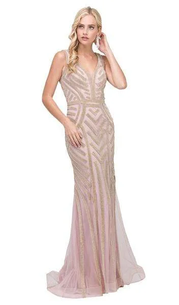 Dancing Queen - Beaded Plunging Fitted Prom Gown 2391 - 1 pc Dusty Pink/Gold In Size 3XL Available