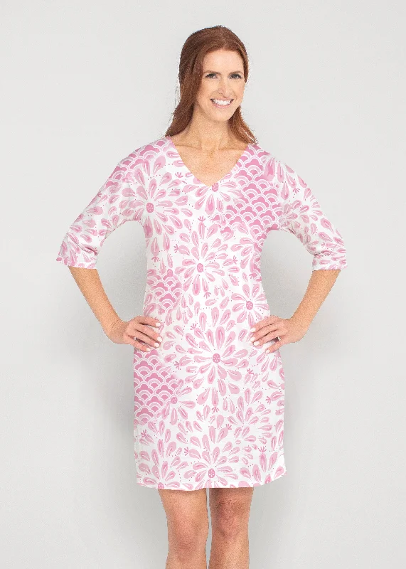 Daybreak Pink (8073) ~ Drop Shoulder 3/4 Sleeve V-Neck Dress