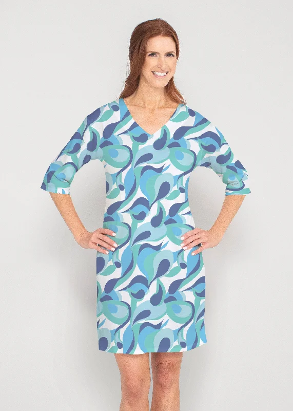 Disco Blue (8067) ~ Drop Shoulder 3/4 Sleeve V-Neck Dress