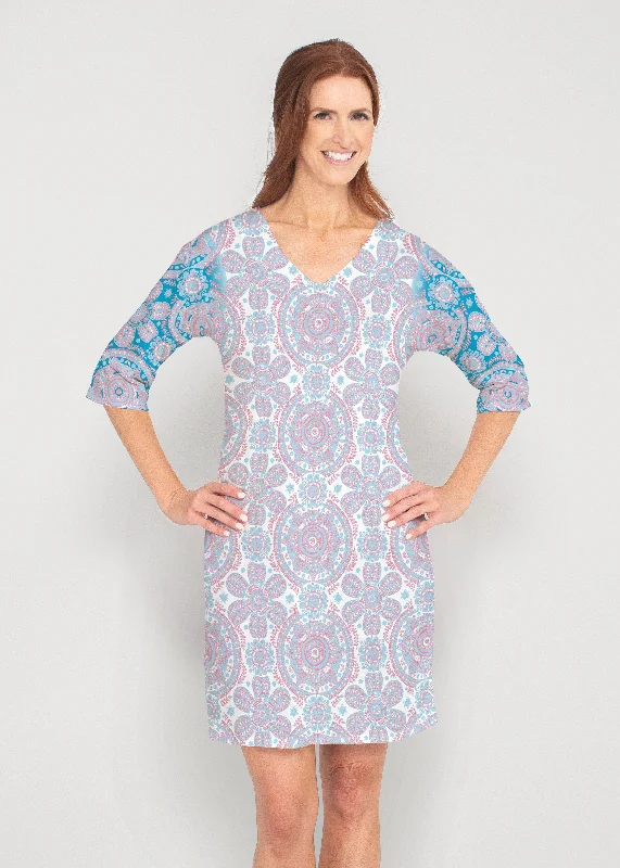 Etched Mod Blue (8033) ~ Drop Shoulder 3/4 Sleeve V-Neck Dress