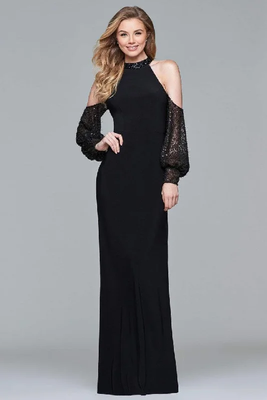 Faviana Cold Shoulder Haltered Jersey Gown s10053 - 1 pc Black In Size 8 Available