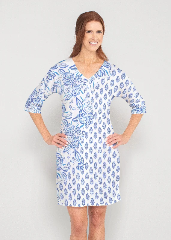 Flora (8041) ~ Drop Shoulder 3/4 Sleeve V-Neck Dress