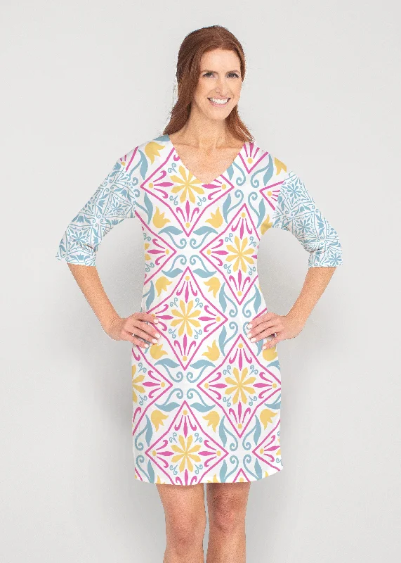 Geo Tile Blue (8158) ~ Drop Shoulder 3/4 Sleeve V-Neck Dress