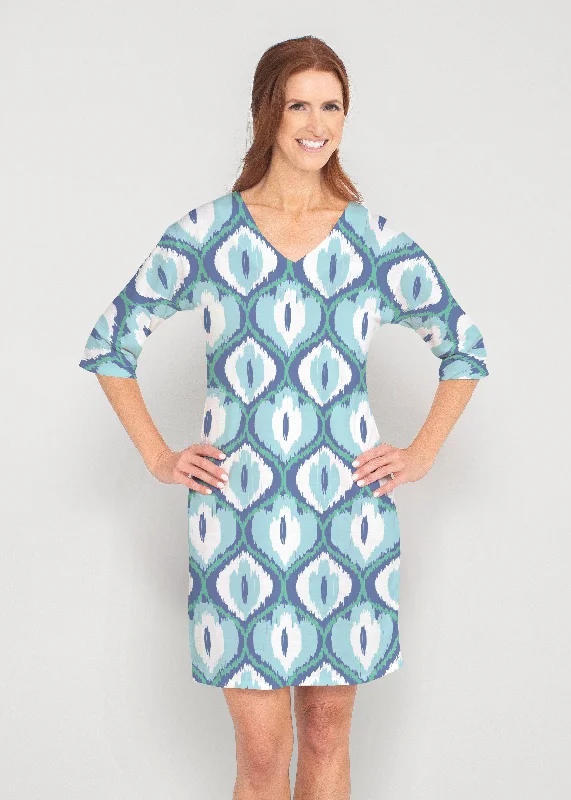 Ikat Buds Blue (8075) ~ Drop Shoulder 3/4 Sleeve V-Neck Dress