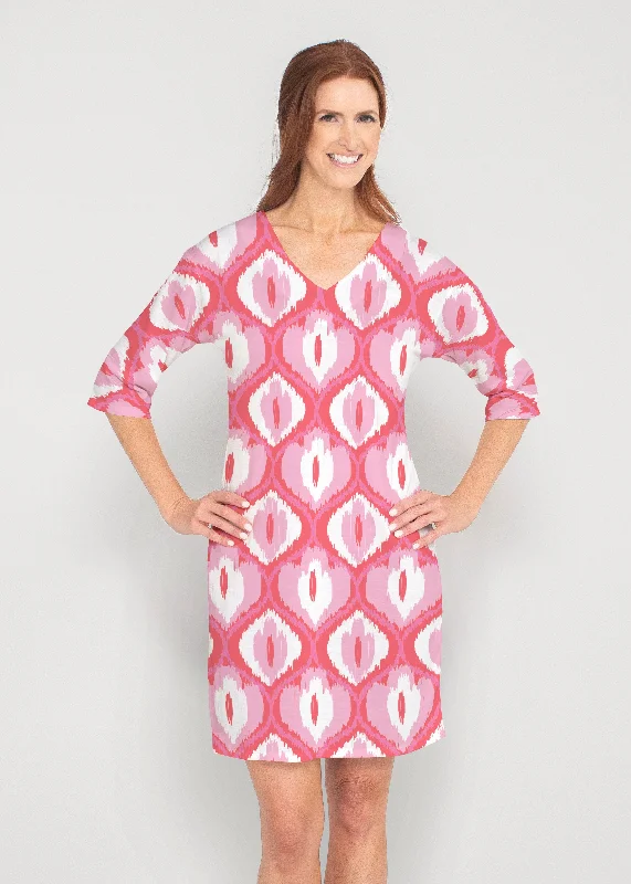 Ikat Buds Red/Pink (8096) ~ Drop Shoulder 3/4 Sleeve V-Neck Dress