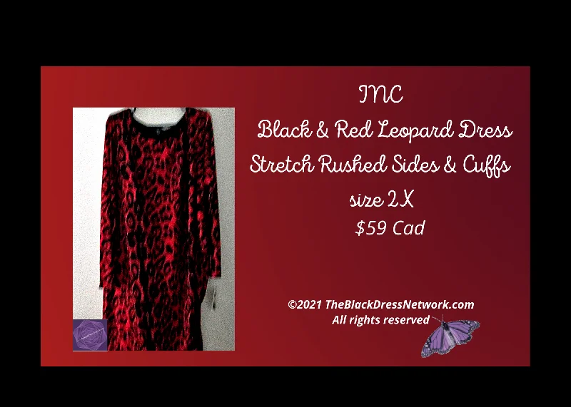 INC Plus 2 X New Black & Red Leopard Dress Stretch Rushed Sides & Cuffs $59 Cad