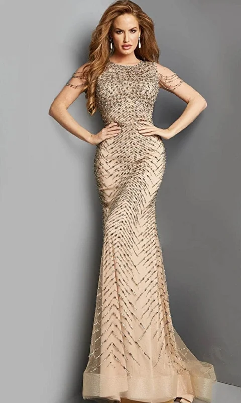 Jovani 02128SC - Fringed Sleeve Sheath Evening Dress