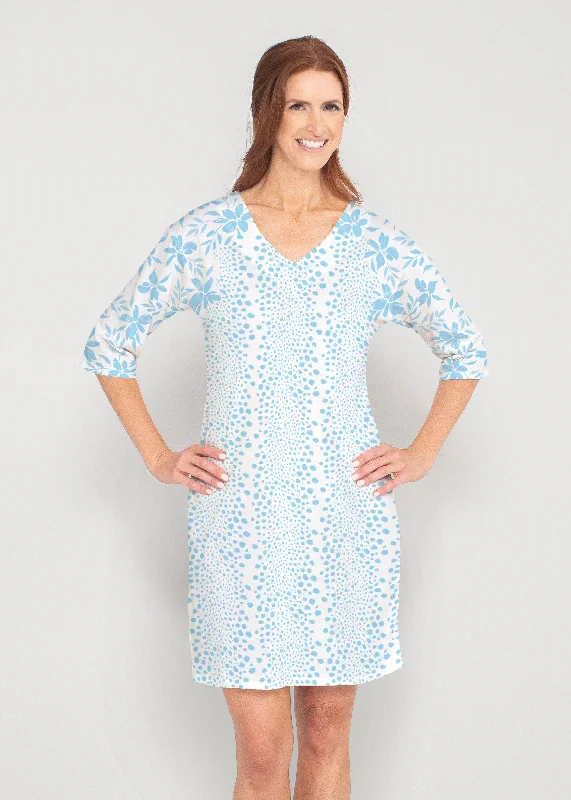 Leopard Rose Aqua (8028) ~ Drop Shoulder 3/4 Sleeve V-Neck Dress