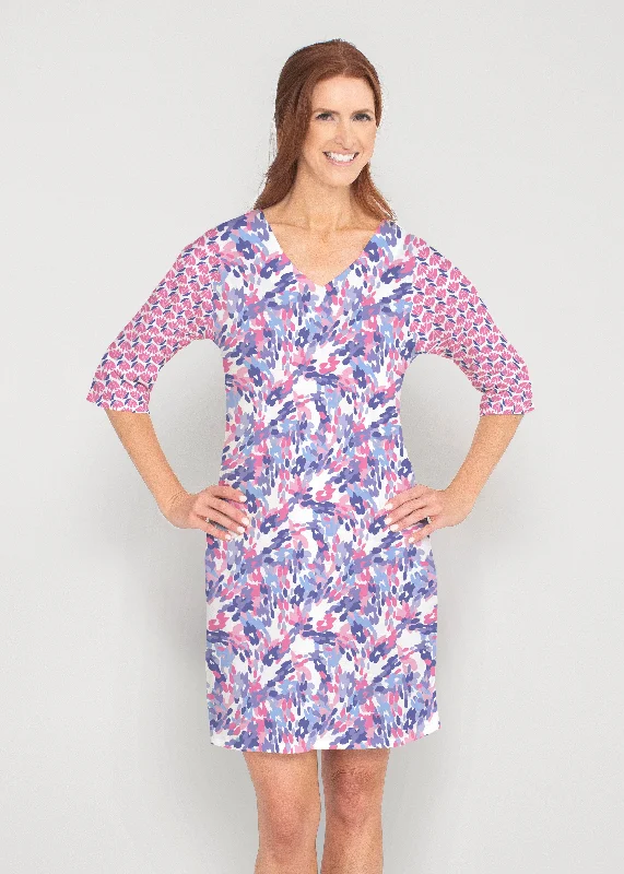 Lillypad Pink (10190) ~ Drop Shoulder 3/4 Sleeve V-Neck Dress