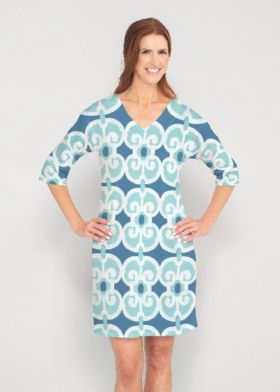 Links Navy Aqua (8133) ~ Drop Shoulder 3/4 Sleeve V-Neck Dress