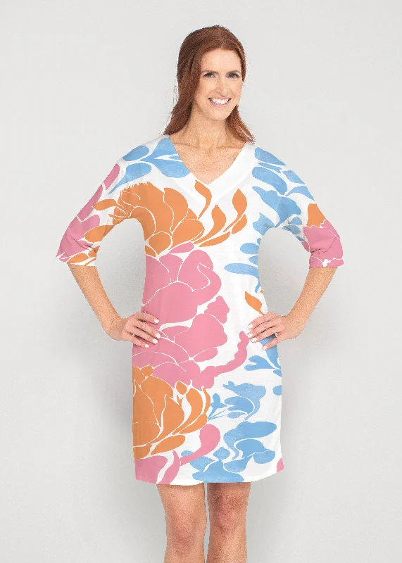 Lotus Pink/Orange (23058) ~ Drop Shoulder 3/4 Sleeve V-Neck Dress