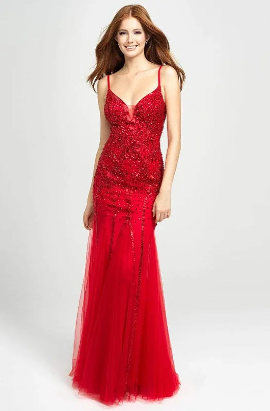 Madison James - Beaded Plunging Godet Trumpet Evening Dress 19-105 - 1 pc Red In Size 4 Available