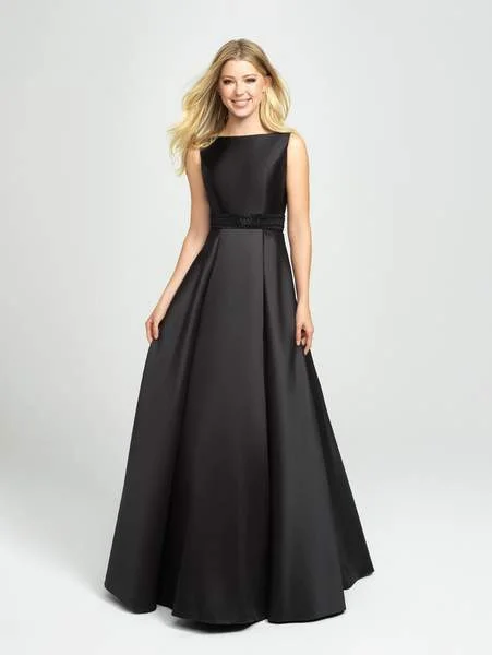 Madison James - Embellished Bateau Mikado Pleated A-line Dress 19-145 - 1 pc Black In Size 6 Available