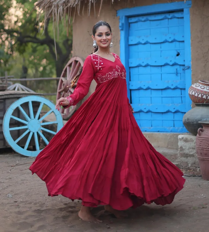 Maroon Rayon Fully Flared Mirror Worked Designer Navratri Gown