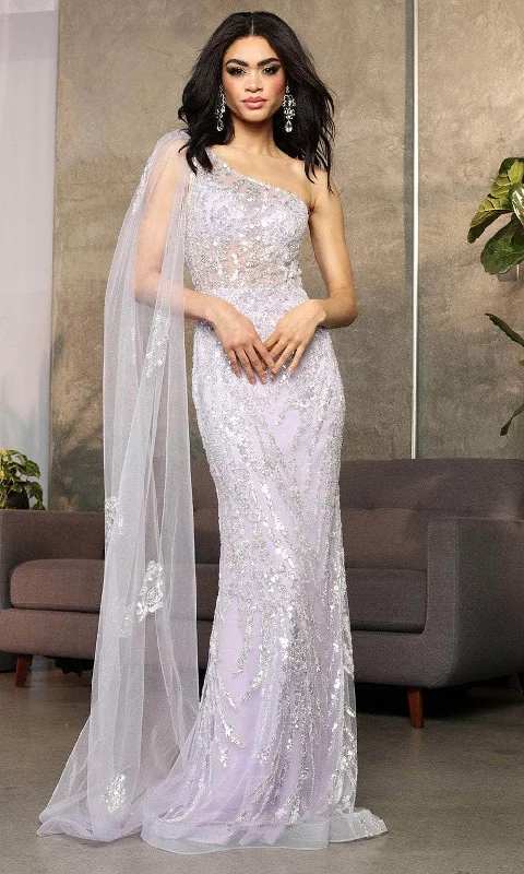 May Queen RQ8075 - Sheer Cape Beaded Evening Gown