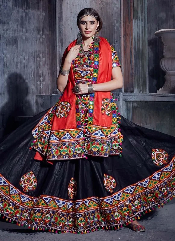 Mirror And Resham work Black Color Cotton Fabric Navratri Special Lehenga Choli