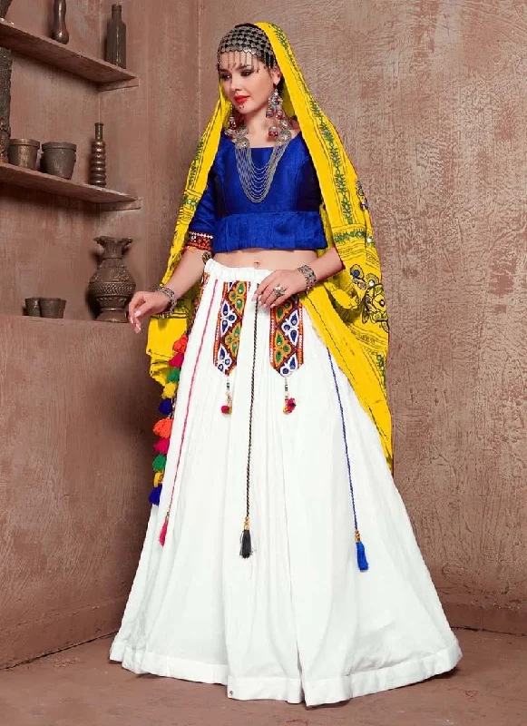 Mirror Work Cotton fabric Blue And White Color Navratri Special Lehenga Choli