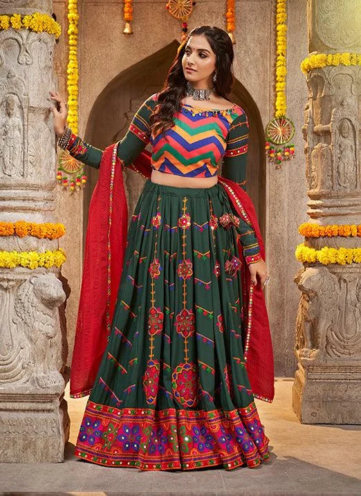 Navratri Special Green Viscose Rayon Thread Embroidered Lehenga Choli with Mirror Work