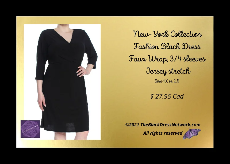 New-York Collection Fashion Black Dress Faux Wrap, 3/4 sleeves Jersey stretch 1X or 2X