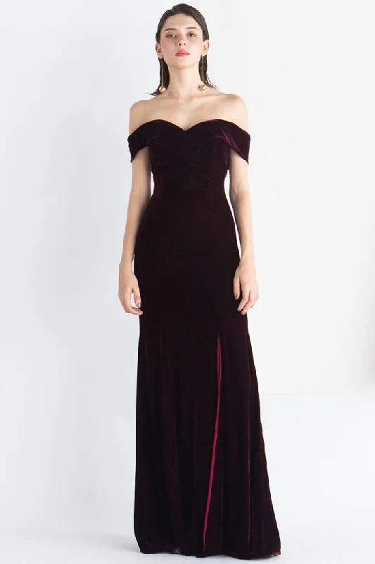 Off the Shoulder Burgundy Velvet Dress with Slit