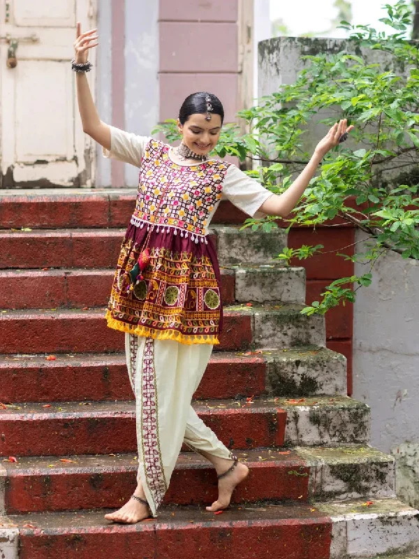 Off-White and Wine Embroidered  Kedia Set for Navratri