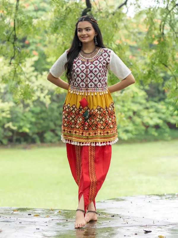 Off-White and Yellow Embroidered  Kedia Set for Navratri