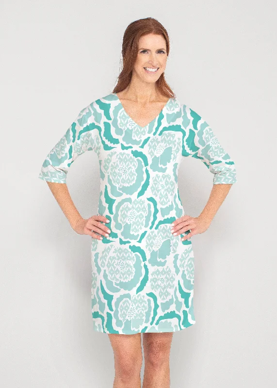 Peonies Aqua (8082) ~ Drop Shoulder 3/4 Sleeve V-Neck Dress