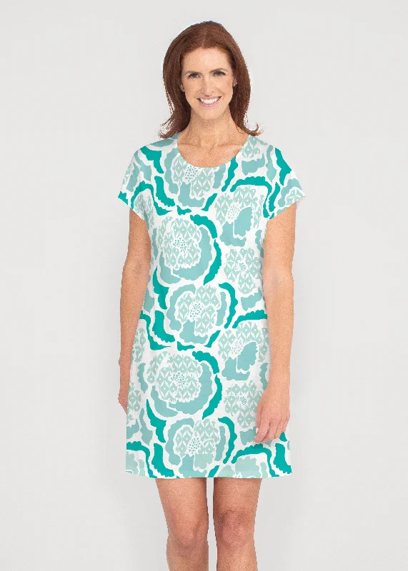 Peonies Aqua (8082) ~ Lucy Tee Dress