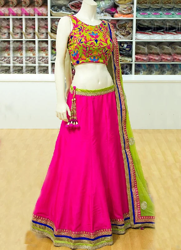 Pink Color Art Silk Fabric Navratri Lehenga With Embroidery