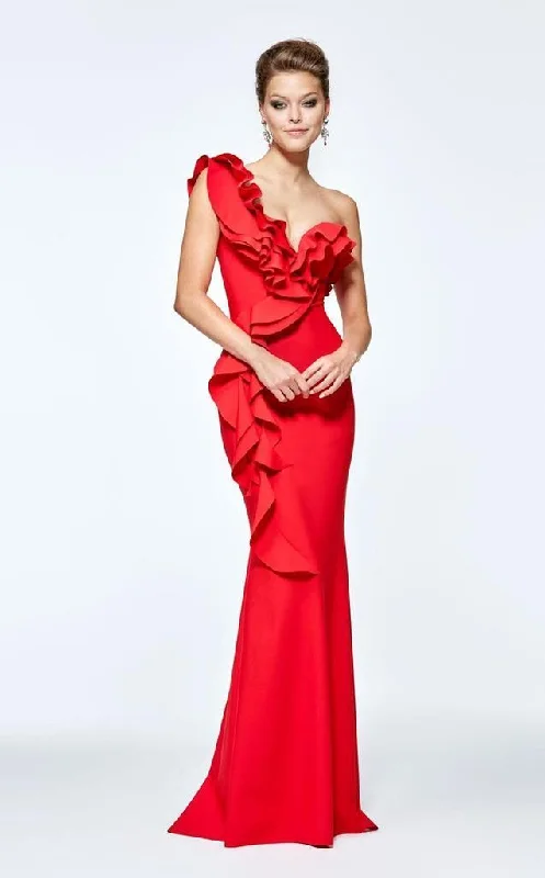 Tarik Ediz One Shoulder Ruffled Sheath Evening Gown 93110