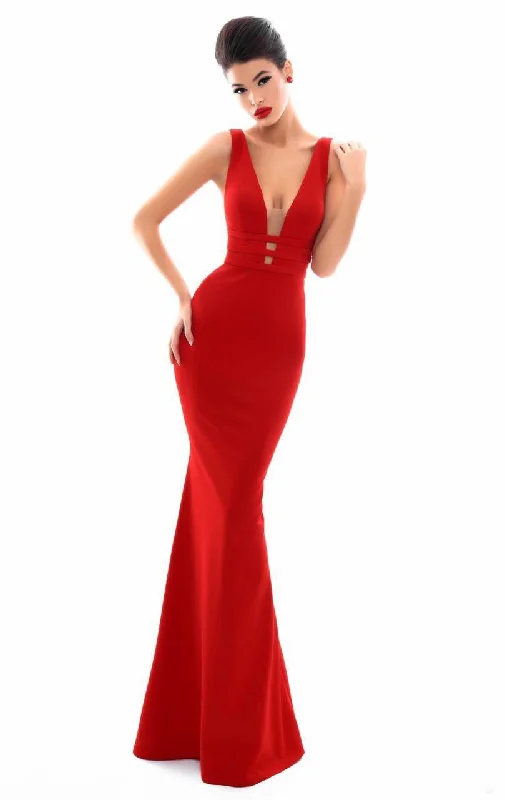 Tarik Ediz Plunging V-Neck Tri-Band Mermaid Evening Dress 50336 - 1 pc Ivory In Size 8 Available